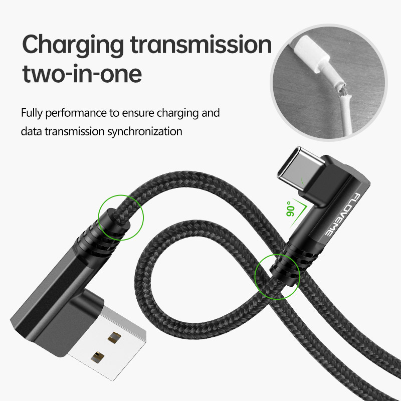 90 Degree L Type Double Elbow 3A Charger USB to Type C Cable Micro Fast Charging