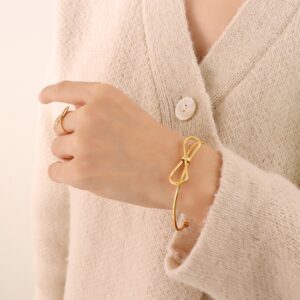 New Fashion Design Sense Stainless Steel 18k Gold Bow Bracelet Ring Jewelry Set