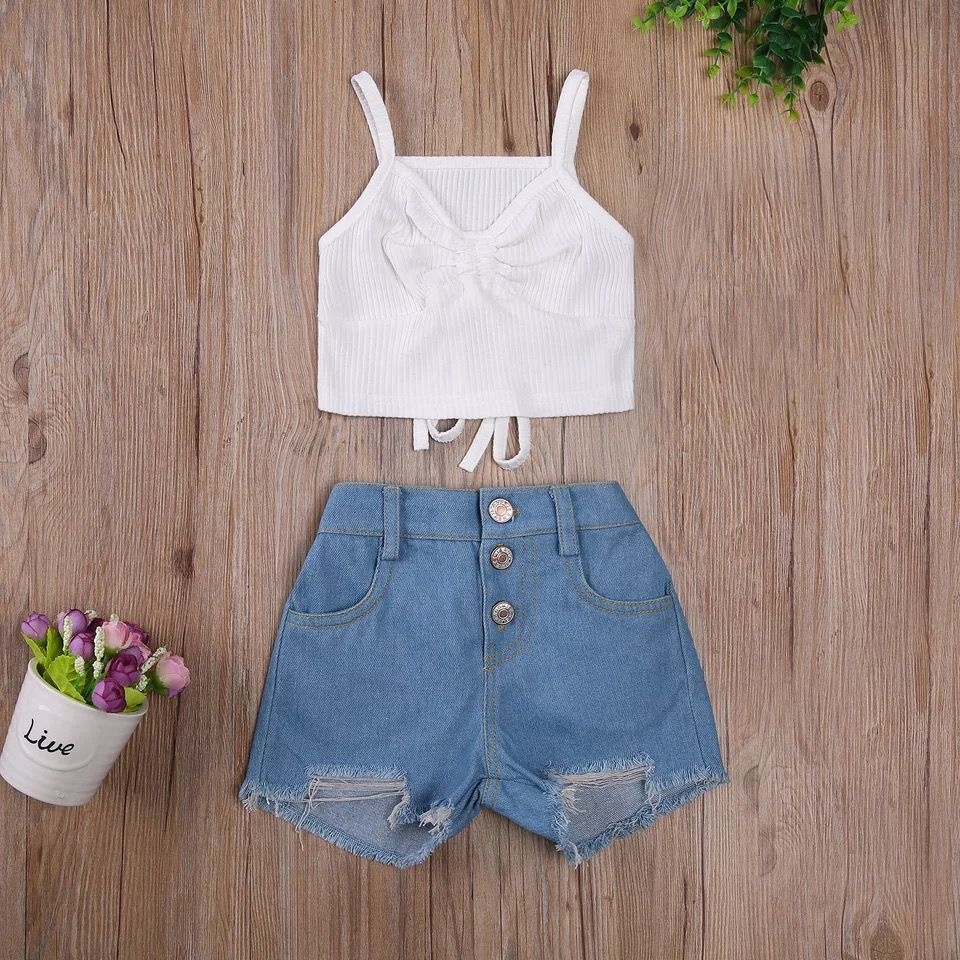 Summer Fashion Children’s Clothing Set Strapless Bow Vest Denim Shorts