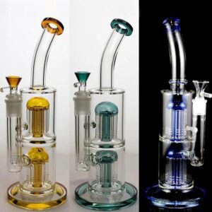 Glass Hookahs Double Chamber Arm Tree Perc Bongs Diffuser Water Pipes Oil Burner Bubbler Dab Rig Shisha with Banger 14mm Joint Blue Purple Dark Green Color   092,017