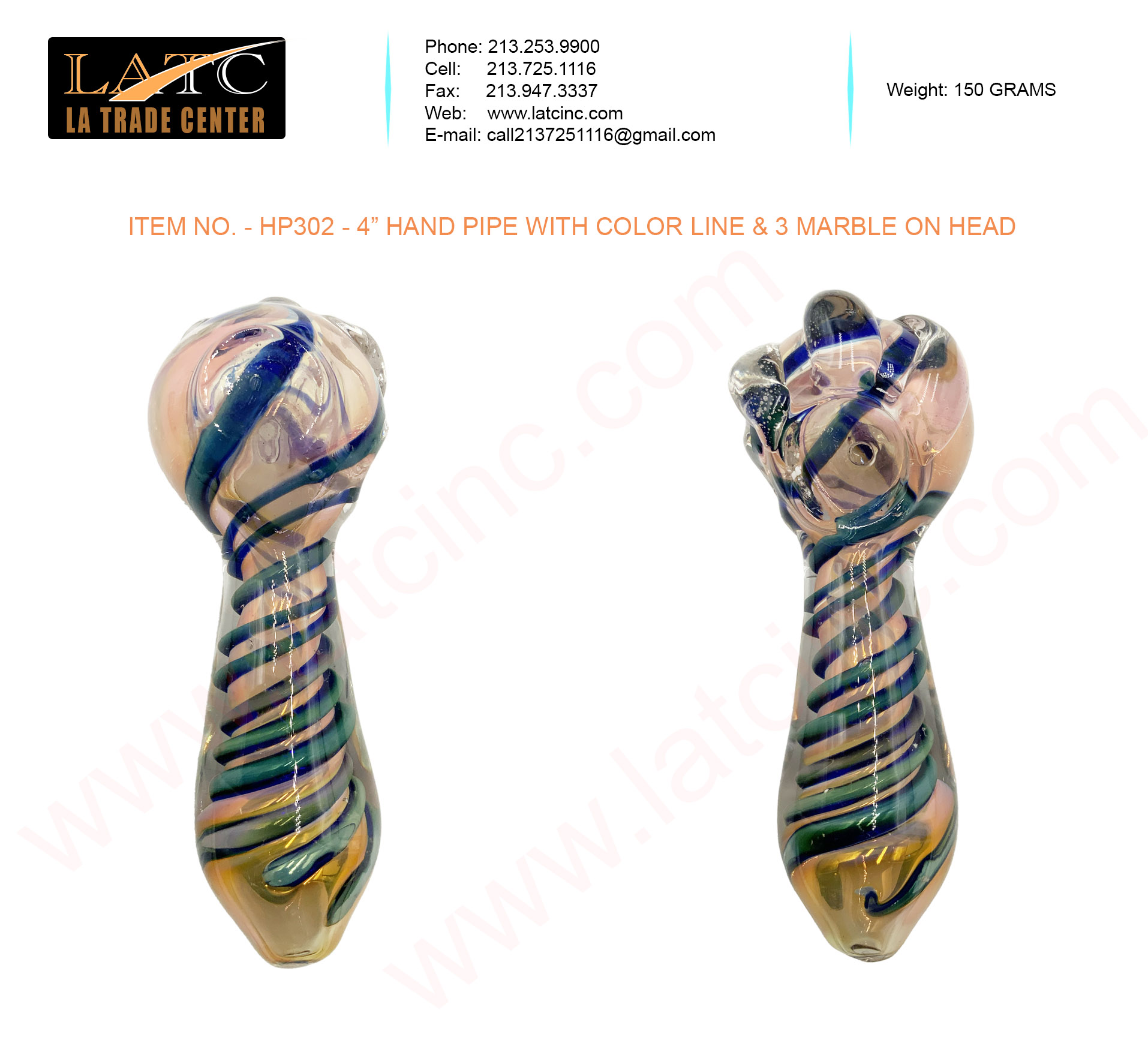 HP302 – 4” HAND PIPE WITH COLOR LINE & 3 MARBLE ON HEAD