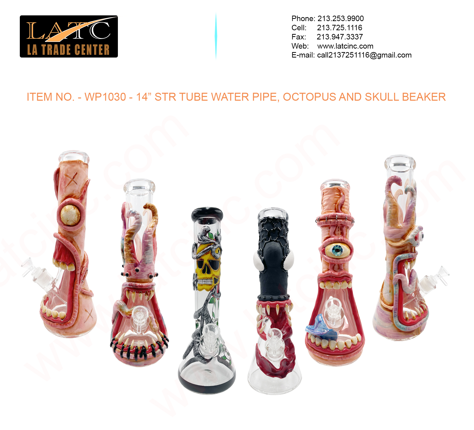 WP1030 – 14” STR TUBE WATER PIPE, OCTOPUS AND SKULL BEAKER