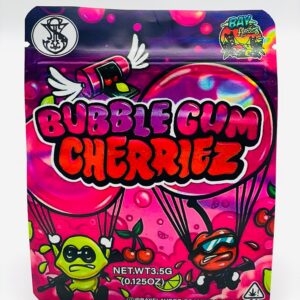 50 Bubble Gum Cherries 3.5-gram empty Mylar bags.