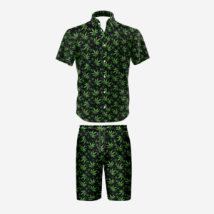 [5 Units] Cannabis Leaf Black Shirt and Short Set